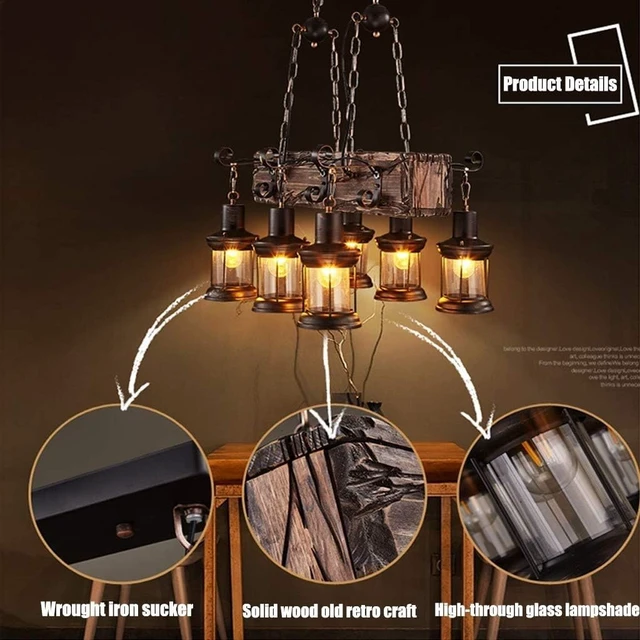 Alt view image 5 of 7 - Farmhouse Lighting Industrial Rustic Wood Beam Linear Island Pendant Light Chandelier Lighting Hanging Ceiling Fixture 6-Light