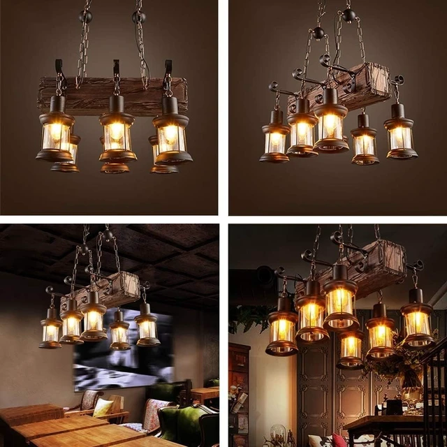 Alt view image 7 of 7 - Farmhouse Lighting Industrial Rustic Wood Beam Linear Island Pendant Light Chandelier Lighting Hanging Ceiling Fixture 6-Light