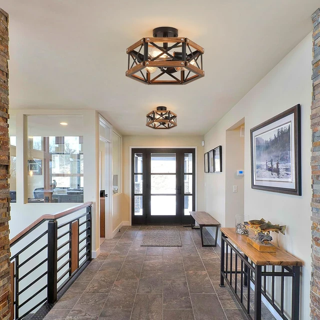 Alt view image 2 of 7 - 3-Light Rustic Farmhouse Wood Flush Mount Ceiling Light Fixture 14.5 inch Oak Wood and Metal Hexagon Cage Semi Flush Mount Ceiling Light for Hallway Hall Entry Bedroom Kitchen Farmhouse, Black
