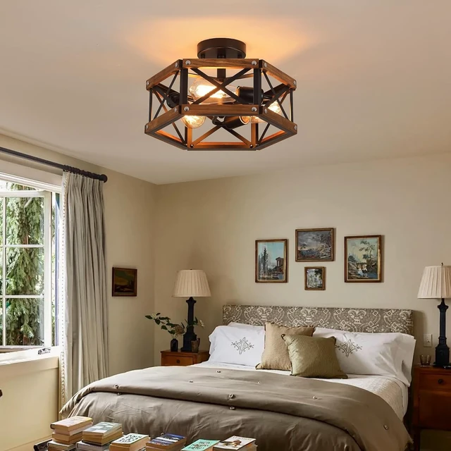 Alt view image 3 of 7 - 3-Light Rustic Farmhouse Wood Flush Mount Ceiling Light Fixture 14.5 inch Oak Wood and Metal Hexagon Cage Semi Flush Mount Ceiling Light for Hallway Hall Entry Bedroom Kitchen Farmhouse, Black
