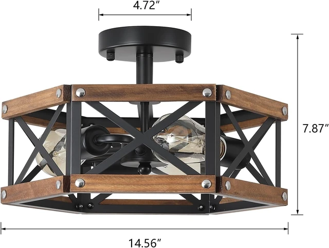 Alt view image 4 of 7 - 3-Light Rustic Farmhouse Wood Flush Mount Ceiling Light Fixture 14.5 inch Oak Wood and Metal Hexagon Cage Semi Flush Mount Ceiling Light for Hallway Hall Entry Bedroom Kitchen Farmhouse, Black