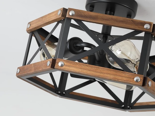 Alt view image 5 of 7 - 3-Light Rustic Farmhouse Wood Flush Mount Ceiling Light Fixture 14.5 inch Oak Wood and Metal Hexagon Cage Semi Flush Mount Ceiling Light for Hallway Hall Entry Bedroom Kitchen Farmhouse, Black