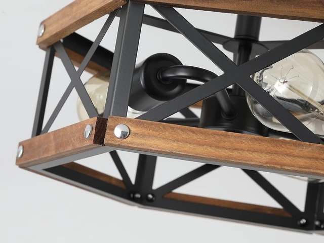 Alt view image 6 of 7 - 3-Light Rustic Farmhouse Wood Flush Mount Ceiling Light Fixture 14.5 inch Oak Wood and Metal Hexagon Cage Semi Flush Mount Ceiling Light for Hallway Hall Entry Bedroom Kitchen Farmhouse, Black