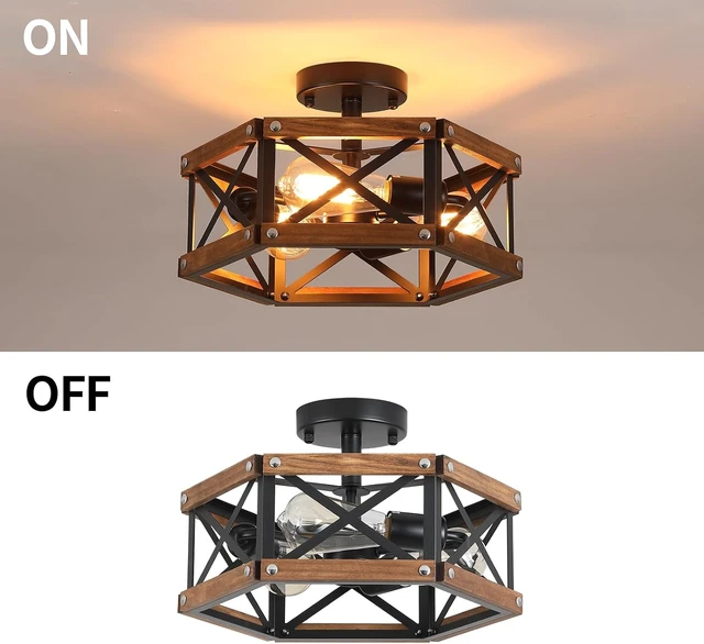 Alt view image 7 of 7 - 3-Light Rustic Farmhouse Wood Flush Mount Ceiling Light Fixture 14.5 inch Oak Wood and Metal Hexagon Cage Semi Flush Mount Ceiling Light for Hallway Hall Entry Bedroom Kitchen Farmhouse, Black