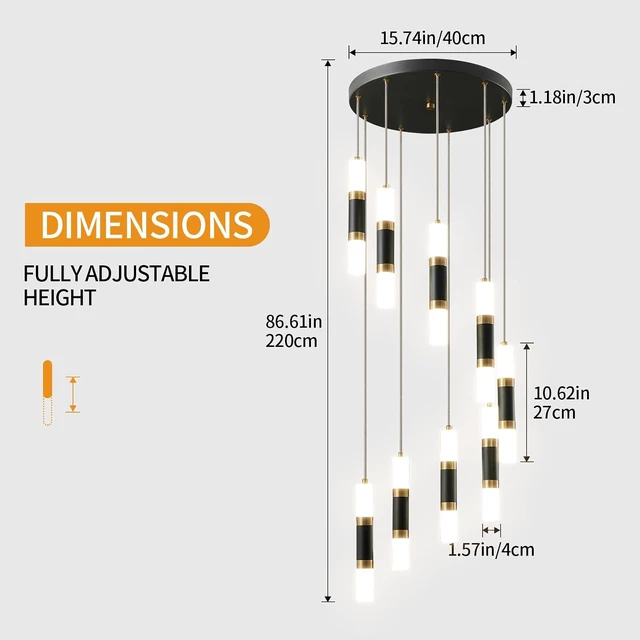 Alt view image 3 of 6 - 9-Light Chandelier LED 54W Dimmable Chandeliers for Entryway Pendant Light Fixture Chandeliers for Staircase Lobby Black Gold Lighting Modern High Ceiling Chandelier