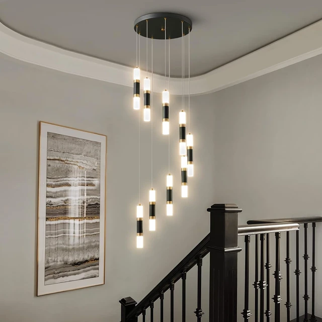 Alt view image 4 of 6 - 9-Light Chandelier LED 54W Dimmable Chandeliers for Entryway Pendant Light Fixture Chandeliers for Staircase Lobby Black Gold Lighting Modern High Ceiling Chandelier