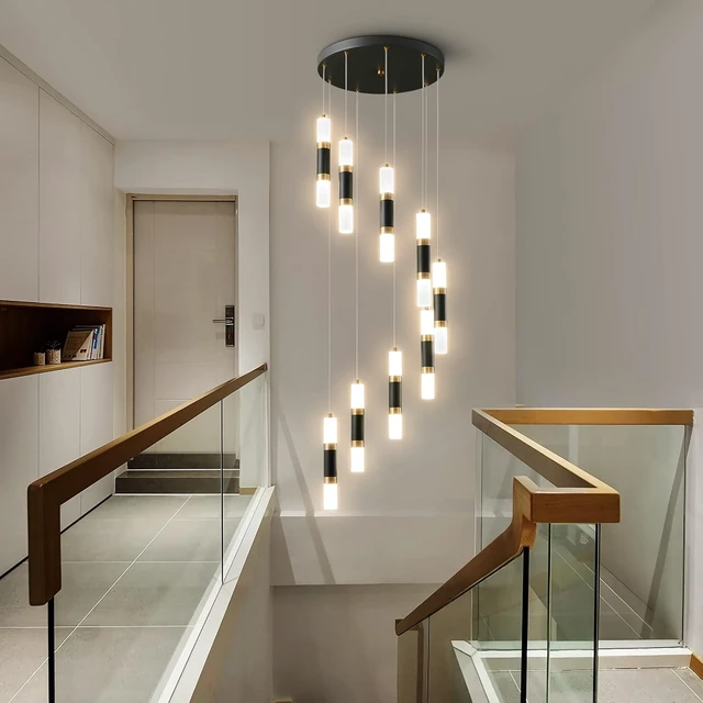 Alt view image 6 of 6 - 9-Light Chandelier LED 54W Dimmable Chandeliers for Entryway Pendant Light Fixture Chandeliers for Staircase Lobby Black Gold Lighting Modern High Ceiling Chandelier
