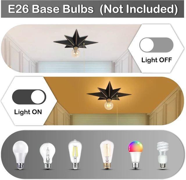 Alt view image 3 of 7 - 16 inch Flush Mount Ceiling Light with Pull Chain On/Off Switch, Industrial Black Star Ceiling Light Fixtures, Farmhouse Lighting for Hallway, Entryway, Porch, Study, Bedroom, Stair, Kitchen, Bathroom