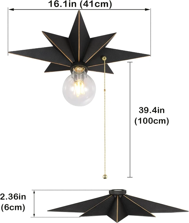 Alt view image 4 of 7 - 16 inch Flush Mount Ceiling Light with Pull Chain On/Off Switch, Industrial Black Star Ceiling Light Fixtures, Farmhouse Lighting for Hallway, Entryway, Porch, Study, Bedroom, Stair, Kitchen, Bathroom