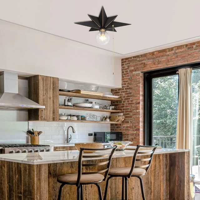 Alt view image 7 of 7 - 16 inch Flush Mount Ceiling Light with Pull Chain On/Off Switch, Industrial Black Star Ceiling Light Fixtures, Farmhouse Lighting for Hallway, Entryway, Porch, Study, Bedroom, Stair, Kitchen, Bathroom