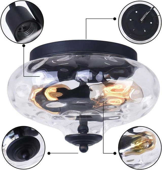 Alt view image 4 of 5 - EDISLIVE Modern 2-Light Hammered Glass Flush Mount Light Pendant Ceiling Light Fixture 10.2" Indoor Ceiling Light for Hallyway Foyer Bedroom(Black)