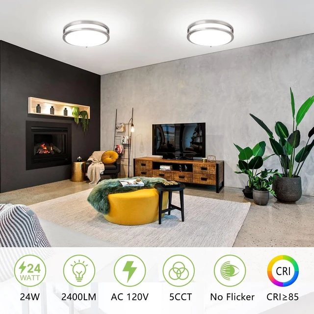 Alt view image 2 of 7 - 2-Pack LED Ceiling Light Fixtures, 24W 2400LM Flush Mount Light Fixture, Brushed Nickel Dimmable Light Fixture 5CCT 3000-6000K, 10inch Ceiling Lamp for Hallway Bathroom Kitchen