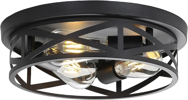 Main image of 3-Lights Farmhouse Flush Mount Ceiling Lights, 13 Inch Indoor Cage Close to Ceiling Light Metal Black Rustic Style Ceiling Light Fixtures for House Kitchen Bedroom Entryway