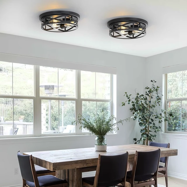 Alt view image 3 of 7 - 3-Lights Farmhouse Flush Mount Ceiling Lights, 13 Inch Indoor Cage Close to Ceiling Light Metal Black Rustic Style Ceiling Light Fixtures for House Kitchen Bedroom Entryway