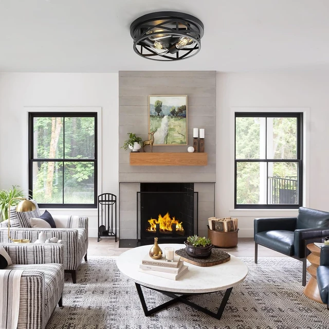 Alt view image 2 of 7 - 3-Lights Farmhouse Flush Mount Ceiling Lights, 13 Inch Indoor Cage Close to Ceiling Light Metal Black Rustic Style Ceiling Light Fixtures for House Kitchen Bedroom Entryway