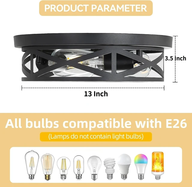 Alt view image 5 of 7 - 3-Lights Farmhouse Flush Mount Ceiling Lights, 13 Inch Indoor Cage Close to Ceiling Light Metal Black Rustic Style Ceiling Light Fixtures for House Kitchen Bedroom Entryway