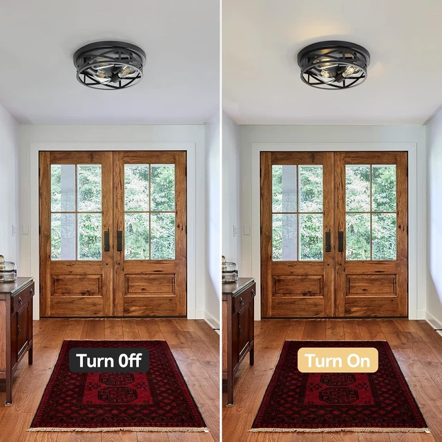 Alt view image 7 of 7 - 3-Lights Farmhouse Flush Mount Ceiling Lights, 13 Inch Indoor Cage Close to Ceiling Light Metal Black Rustic Style Ceiling Light Fixtures for House Kitchen Bedroom Entryway