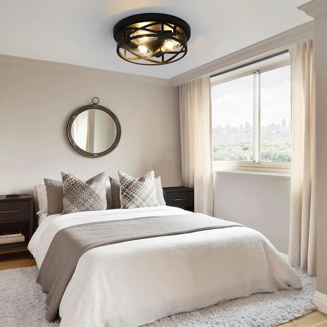 Alt view image 6 of 7 - 3-Lights Farmhouse Flush Mount Ceiling Lights, 13 Inch Indoor Cage Close to Ceiling Light Metal Black Rustic Style Ceiling Light Fixtures for House Kitchen Bedroom Entryway