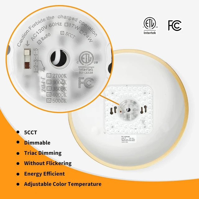 Alt view image 4 of 7 - HLightnet Flush Mount Ceiling Light Gold LED Dimmable 5CCT 12 Inch 24W