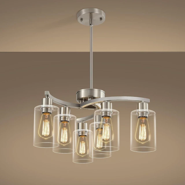 Main image of Sigaitwei 6 Light Farmhouse Brushed Nickel Chandelier,21.7" Modern Chandeliers for Dining Room Light Fixtures Over Table,Pendant Lights Kitchen Island,Metal Bracket with Downward Clear Glass Shade