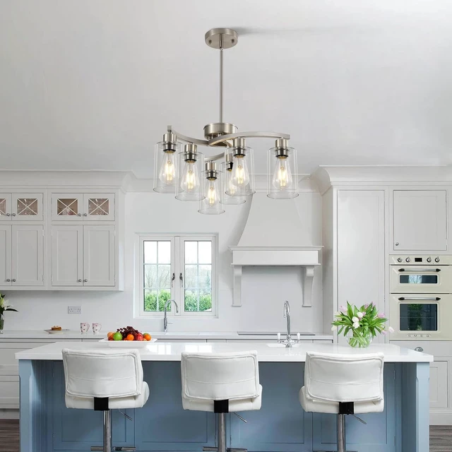 Alt view image 2 of 7 - Sigaitwei 6 Light Farmhouse Brushed Nickel Chandelier,21.7" Modern Chandeliers for Dining Room Light Fixtures Over Table,Pendant Lights Kitchen Island,Metal Bracket with Downward Clear Glass Shade