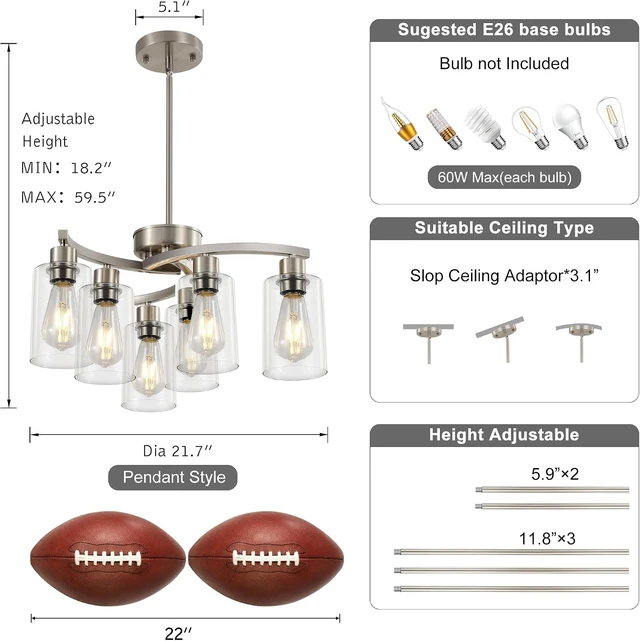 Alt view image 3 of 7 - Sigaitwei 6 Light Farmhouse Brushed Nickel Chandelier,21.7" Modern Chandeliers for Dining Room Light Fixtures Over Table,Pendant Lights Kitchen Island,Metal Bracket with Downward Clear Glass Shade
