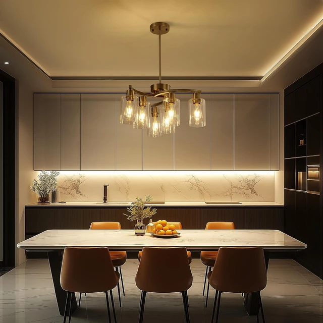 Alt view image 4 of 7 - Sigaitwei 6 Light Farmhouse Brushed Nickel Chandelier,21.7" Modern Chandeliers for Dining Room Light Fixtures Over Table,Pendant Lights Kitchen Island,Metal Bracket with Downward Clear Glass Shade