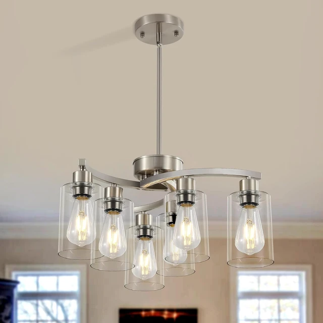 Alt view image 5 of 7 - Sigaitwei 6 Light Farmhouse Brushed Nickel Chandelier,21.7" Modern Chandeliers for Dining Room Light Fixtures Over Table,Pendant Lights Kitchen Island,Metal Bracket with Downward Clear Glass Shade