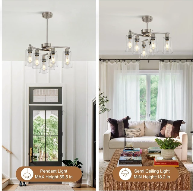 Alt view image 6 of 7 - Sigaitwei 6 Light Farmhouse Brushed Nickel Chandelier,21.7" Modern Chandeliers for Dining Room Light Fixtures Over Table,Pendant Lights Kitchen Island,Metal Bracket with Downward Clear Glass Shade