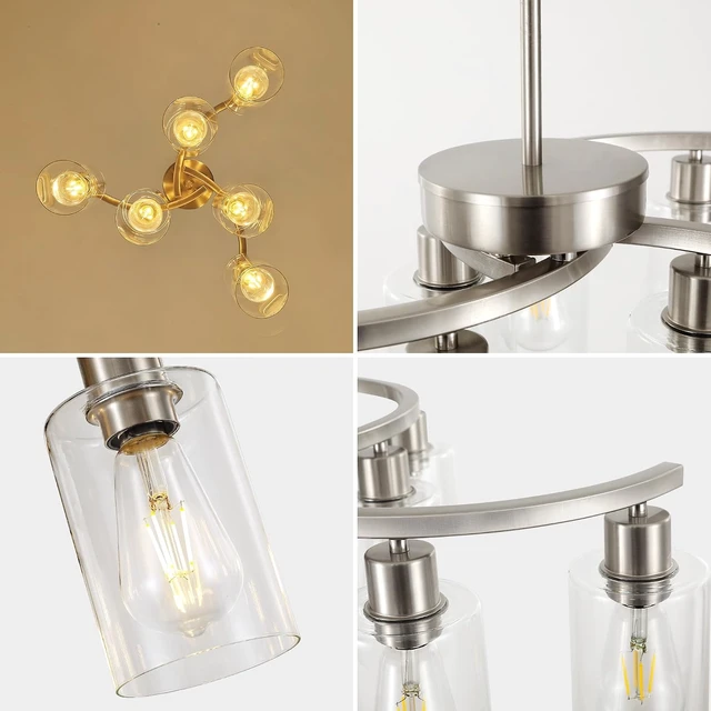 Alt view image 7 of 7 - Sigaitwei 6 Light Farmhouse Brushed Nickel Chandelier,21.7" Modern Chandeliers for Dining Room Light Fixtures Over Table,Pendant Lights Kitchen Island,Metal Bracket with Downward Clear Glass Shade