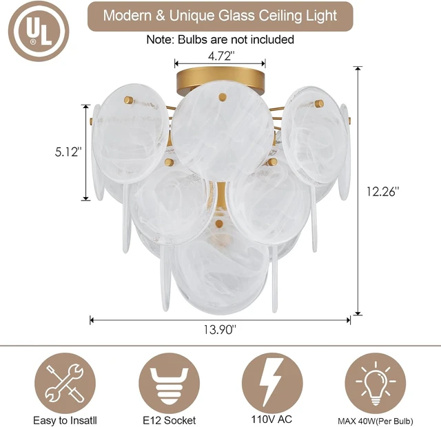 Alt view image 5 of 7 - Modern Flush Mount Glass Ceiling Light, Gold Hallway Lights Vintage Chandelier, 4-Light Unique Light Fixture for Bedroom Entryway Loft Kitchen Laundry Bathroom Farmhouse