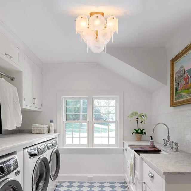 Alt view image 7 of 7 - Modern Flush Mount Glass Ceiling Light, Gold Hallway Lights Vintage Chandelier, 4-Light Unique Light Fixture for Bedroom Entryway Loft Kitchen Laundry Bathroom Farmhouse