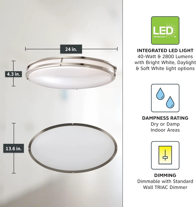 Alt view image 4 of 6 - Designers Fountain Flush Mount Ceiling Light, 24 Inch Oval LED Lighting Fixture Kitchen, Bedroom, Bathroom, and Hallway, Dimmable, 2800 Lumens, 3000K/4000K/5000K, Brushed Nickel, EV1424C3C-35