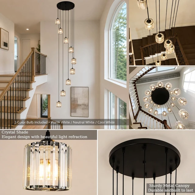 Alt view image 3 of 7 - Long Chandeliers for High Ceilings,Modern Crystal Pendant Light,Raindrop Drop Lamp,Hanging Flush Mount Lighting Fixtures for Spiral Staircase,Foyer,Entryway,Living Room,Black (6 Lights)