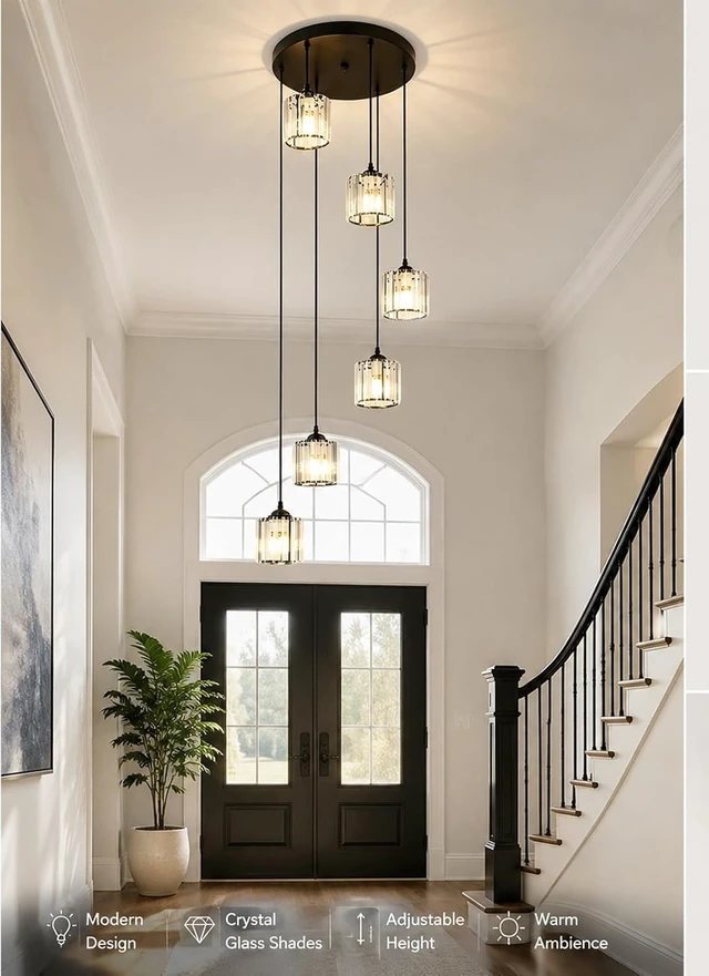 Alt view image 2 of 7 - Long Chandeliers for High Ceilings,Modern Crystal Pendant Light,Raindrop Drop Lamp,Hanging Flush Mount Lighting Fixtures for Spiral Staircase,Foyer,Entryway,Living Room,Black (6 Lights)