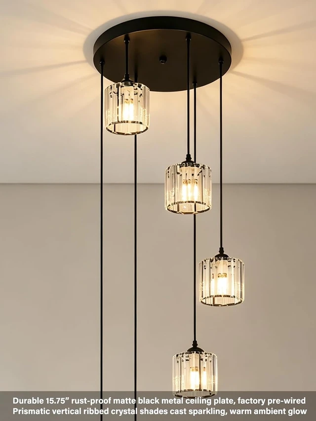 Alt view image 4 of 7 - Long Chandeliers for High Ceilings,Modern Crystal Pendant Light,Raindrop Drop Lamp,Hanging Flush Mount Lighting Fixtures for Spiral Staircase,Foyer,Entryway,Living Room,Black (6 Lights)