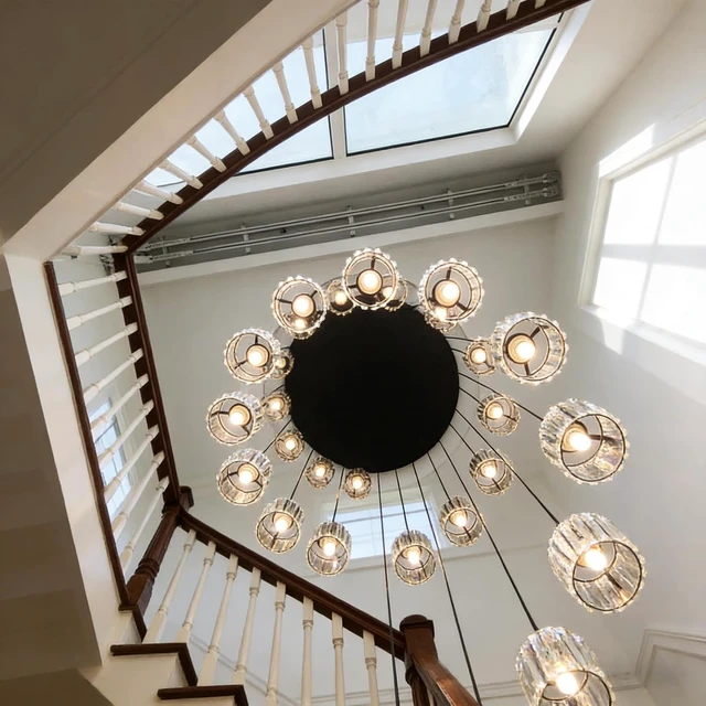 Alt view image 6 of 7 - Long Chandeliers for High Ceilings,Modern Crystal Pendant Light,Raindrop Drop Lamp,Hanging Flush Mount Lighting Fixtures for Spiral Staircase,Foyer,Entryway,Living Room,Black (6 Lights)