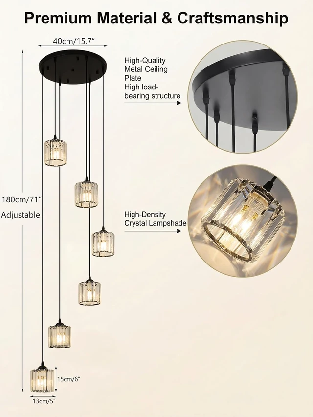 Alt view image 7 of 7 - Long Chandeliers for High Ceilings,Modern Crystal Pendant Light,Raindrop Drop Lamp,Hanging Flush Mount Lighting Fixtures for Spiral Staircase,Foyer,Entryway,Living Room,Black (6 Lights)