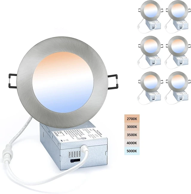 Main image of POPANU Premium LED-Canless Downlight Recessed Lighting 4-inch 5 CCT Adjustable Dimmable Recessed Lights Fixture with Junction Box, Ceilling Light 2700-5000K, 9W, Brushed Nickel, 6 Pack