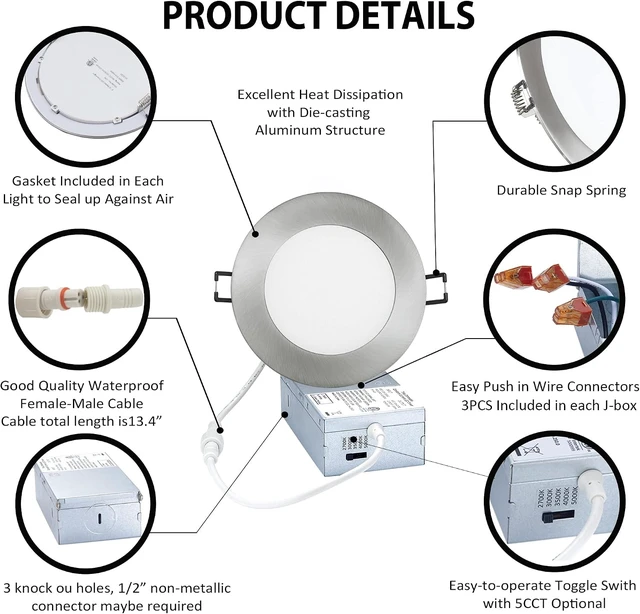 Alt view image 5 of 7 - POPANU Premium LED-Canless Downlight Recessed Lighting 4-inch 5 CCT Adjustable Dimmable Recessed Lights Fixture with Junction Box, Ceilling Light 2700-5000K, 9W, Brushed Nickel, 6 Pack