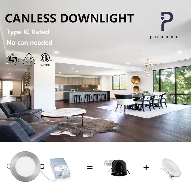 Alt view image 4 of 7 - POPANU Premium LED-Canless Downlight Recessed Lighting 4-inch 5 CCT Adjustable Dimmable Recessed Lights Fixture with Junction Box, Ceilling Light 2700-5000K, 9W, Brushed Nickel, 6 Pack