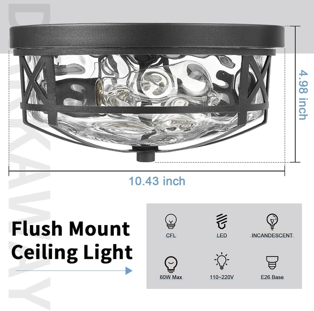 Alt view image 2 of 7 - Darkaway Flush Mount Ceiling Light Indoor Outdoor Ceiling Light Fixtures with Water Ripple Glass Shade,Modern Ceiling Fxiture for Laundry Kitchen Bedroom Bathroom Porch Living Room