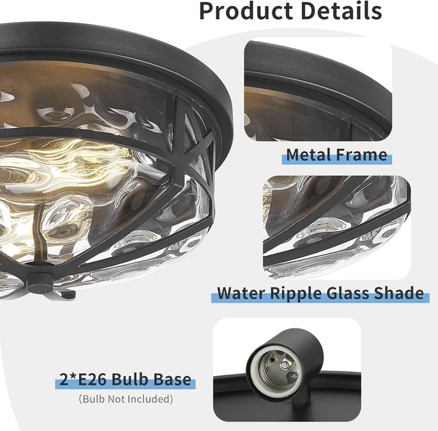 Alt view image 3 of 7 - Darkaway Flush Mount Ceiling Light Indoor Outdoor Ceiling Light Fixtures with Water Ripple Glass Shade,Modern Ceiling Fxiture for Laundry Kitchen Bedroom Bathroom Porch Living Room