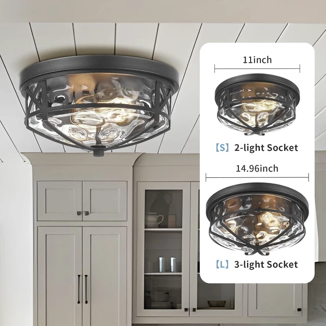 Alt view image 4 of 7 - Darkaway Flush Mount Ceiling Light Indoor Outdoor Ceiling Light Fixtures with Water Ripple Glass Shade,Modern Ceiling Fxiture for Laundry Kitchen Bedroom Bathroom Porch Living Room