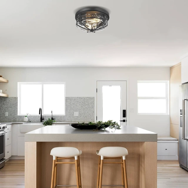 Alt view image 7 of 7 - Darkaway Flush Mount Ceiling Light Indoor Outdoor Ceiling Light Fixtures with Water Ripple Glass Shade,Modern Ceiling Fxiture for Laundry Kitchen Bedroom Bathroom Porch Living Room
