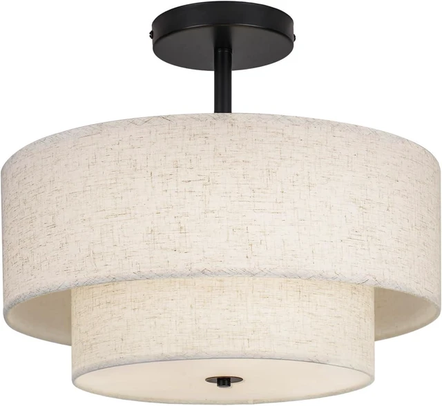 Main image of 18 Inch Large Semi Flush Mount Ceiling Light Fixture with Dual Drum Design, Farmhouse Fabric Linen Shade for Bedroom, Living Room, Kitchen, and Dining - Modern Chandelier Lamp
