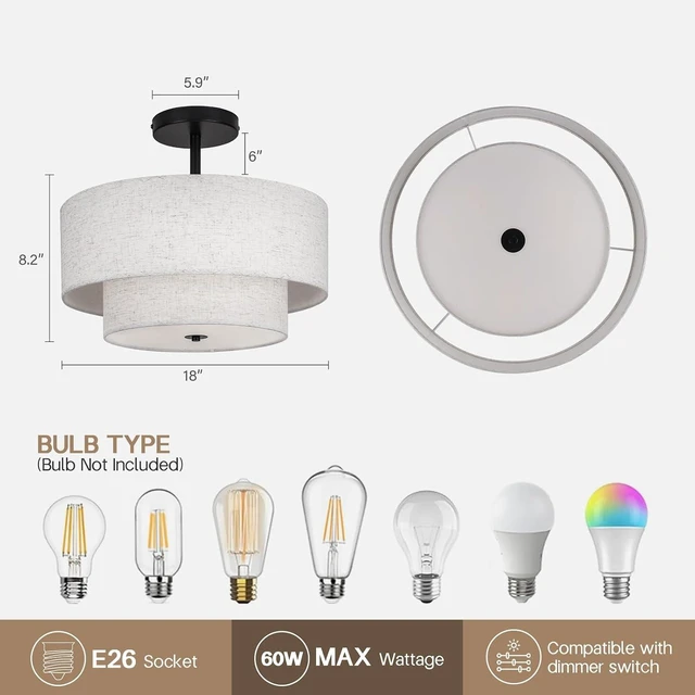 Alt view image 2 of 7 - 18 Inch Large Semi Flush Mount Ceiling Light Fixture with Dual Drum Design, Farmhouse Fabric Linen Shade for Bedroom, Living Room, Kitchen, and Dining - Modern Chandelier Lamp