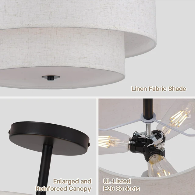 Alt view image 3 of 7 - 18 Inch Large Semi Flush Mount Ceiling Light Fixture with Dual Drum Design, Farmhouse Fabric Linen Shade for Bedroom, Living Room, Kitchen, and Dining - Modern Chandelier Lamp