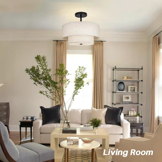 Alt view image 5 of 7 - 18 Inch Large Semi Flush Mount Ceiling Light Fixture with Dual Drum Design, Farmhouse Fabric Linen Shade for Bedroom, Living Room, Kitchen, and Dining - Modern Chandelier Lamp