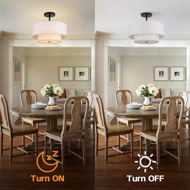 Alt view image 4 of 7 - 18 Inch Large Semi Flush Mount Ceiling Light Fixture with Dual Drum Design, Farmhouse Fabric Linen Shade for Bedroom, Living Room, Kitchen, and Dining - Modern Chandelier Lamp